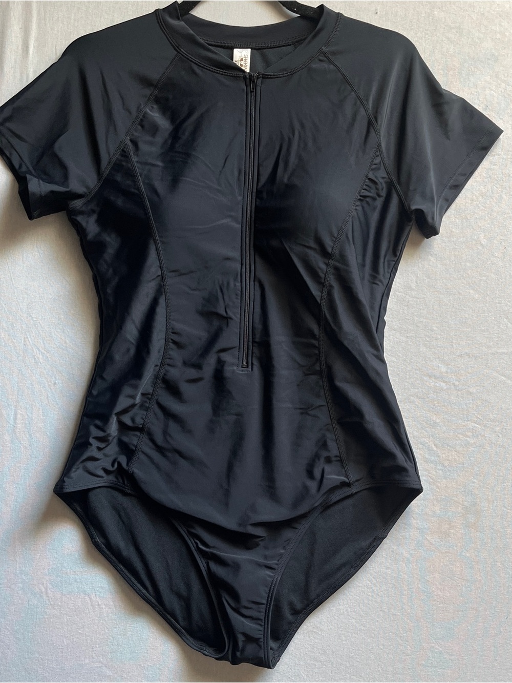 Shekini Black Short Sleeve Zip Front Athletic One Piece Swimsuit XL